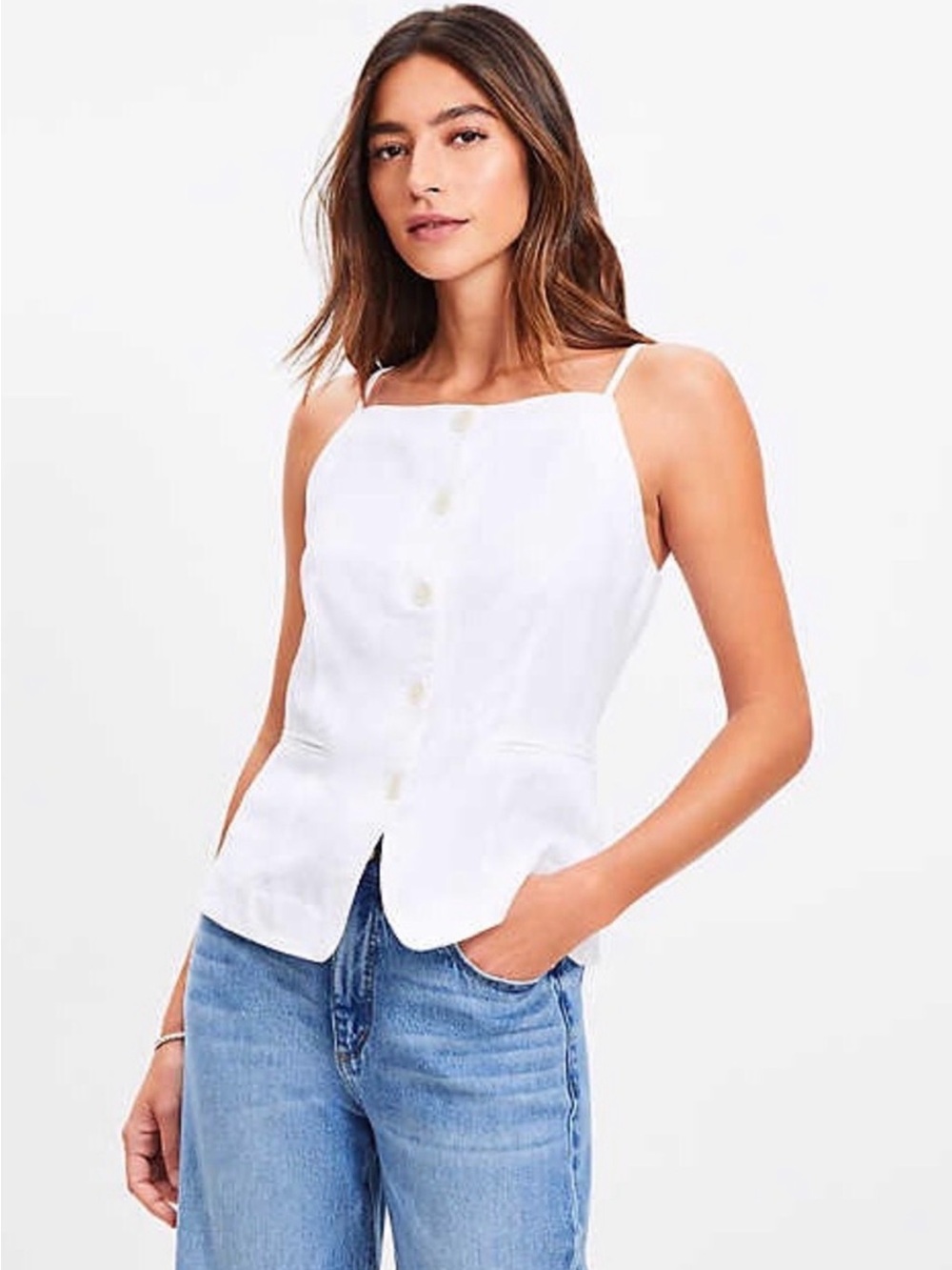 loft button front white high neck camisole top
Linen blend